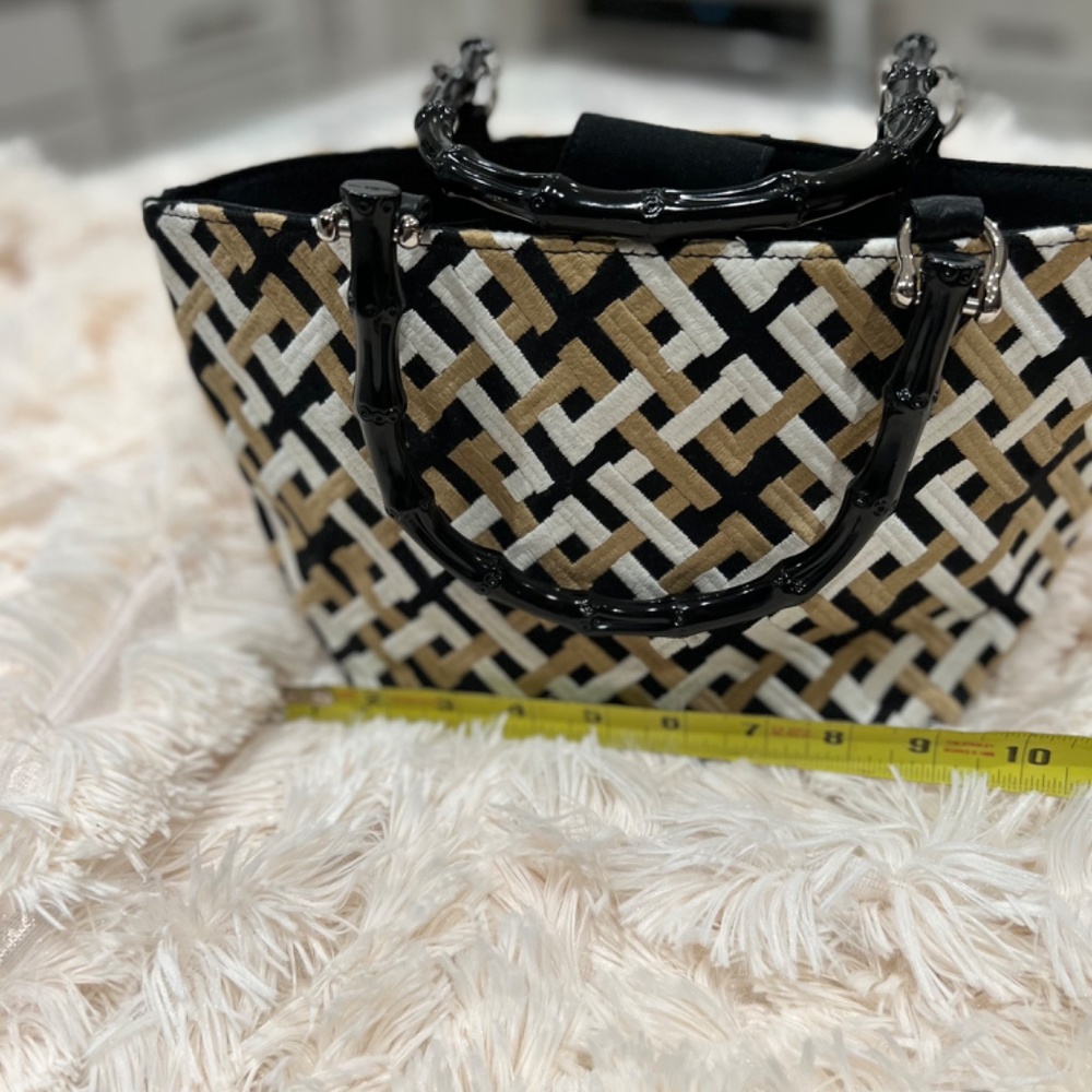 Talbots Black, Tan and White Handbag with Black Bamboo Style Handles - Picture 3 of 9